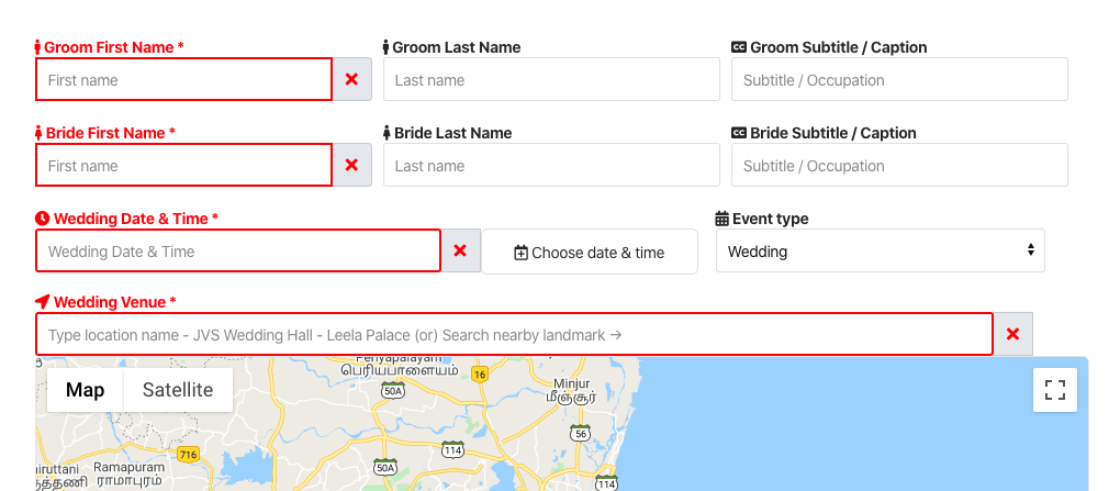 Minimum details required to create online invitation